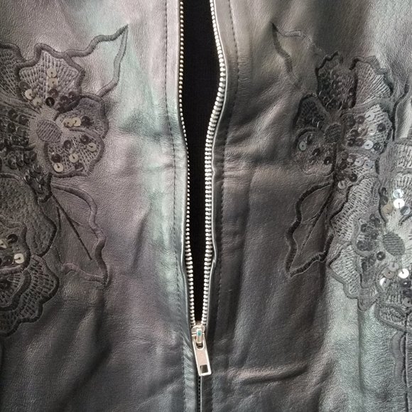 Nygard - Beautiful Black Leather/ Sweater Jacket with Floral Sequin Decoration - Picture 5 of 7